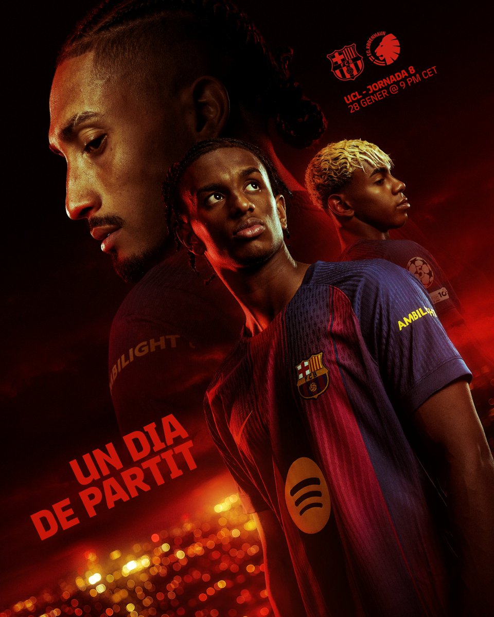 Un dia de partit! 
<a href="/FCBarcelona/">FC Barcelona</a> 🆚 <a href="/FCKobenhavn/">F.C. København</a> 
21:00 horas 🏟️ Spotify Camp Nou 
Última jornada apasionante de la <a href="/ChampionsLeague/">UEFA Champions League</a>! Objetivo? Estar en el 🔝 8, para ello? Ganar y golear por diferencia de 3 goles!. Necesitam@s el apoy@ de tod@s! Ven a la peña! La de siempre ♾️!