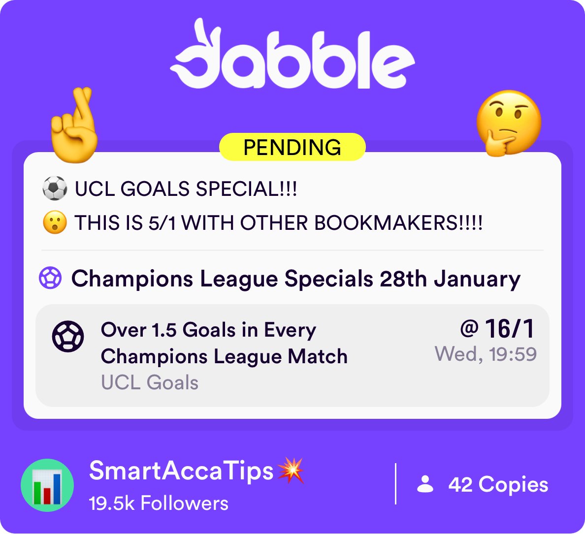 ⚽️ 16/1 CHAMPIONS LEAGUE GOALS SPECIAL!!!

🔗 Bet here: click.dabble.co.uk/InnT/kjbh2pmd

❤️ I'll give £50 to someone who LIKES this post if it WINS. 

🎁 Bet £10 and get £10 in FREE BETS: smartaccatip.link/JoinDabble

AD | New Customer Offer | 18+ | T&amp;Cs apply | Gambleaware