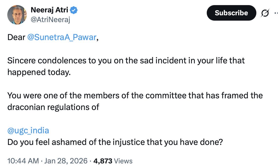 Andhbhakts are nothing but vultures and worst reptiles.

A family is mourning the death of Deputy CM Ajit Dada Pawar, and these depraved creatures are targeting his grieving wife.
This is the filth Modi has normalised,hate without humanity, cruelty without shame.

This is not
