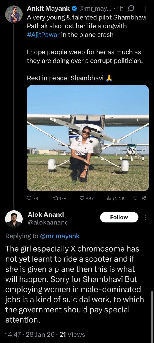 mr_mayank's tweet photo. Meet Alok Anand, an average Indian man & a proud Andhbhakt.

A young pilot lost her life while flying alongwith #AjitPawar 💔

But he chooses to blame her, vilify her & calls for the boycott of women.

He doesn't know that Sambhavi was the first officer but the Captain was a man, both talented unlike Alok.

Don't be like Alok. Respect women.