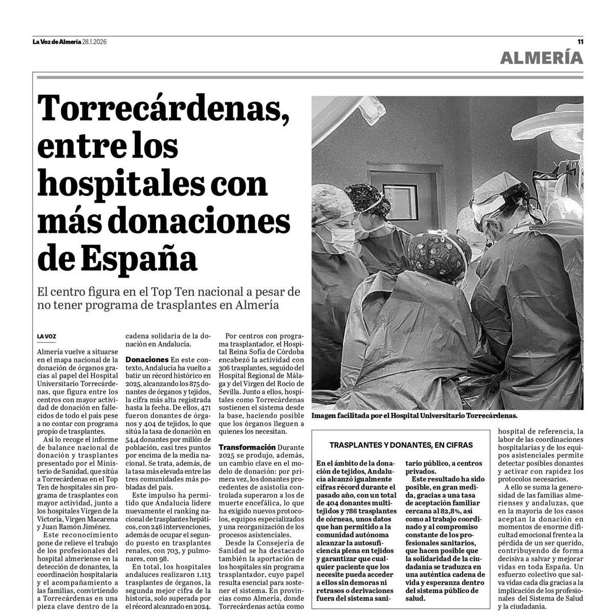 TorrecardenasHU's tweet photo. No hace falta realizar trasplantes para ser un referente de vida. En el Hospital Universitario Torrecárdenas estamos profundamente orgullosos de estar en el Top 10 de hospitales de España con mayor número de donaciones de órganos.

#Torrecárdenas #donaresvivir #AlmeríaSolidaria https://t.co/6sCpU9VOuy