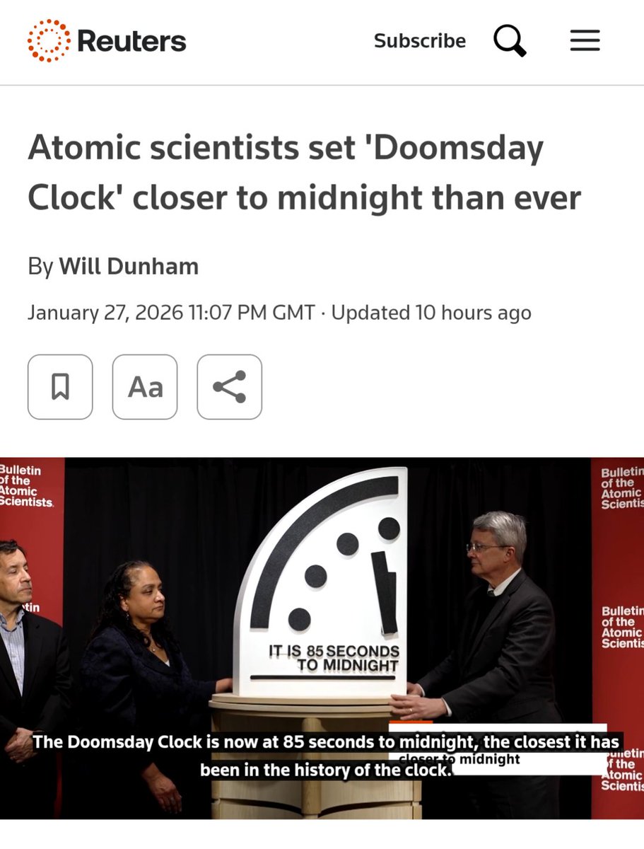Maytechummia's tweet image. Atomic scientists set their "Doomsday Clock" closer than ever to midnight, citing aggressive behavior by nuclear powers Russia, China and the US, fraying nuclear arms control, conflicts in Ukraine and the Middle East and AI worries among factors driving risks for global disaster.