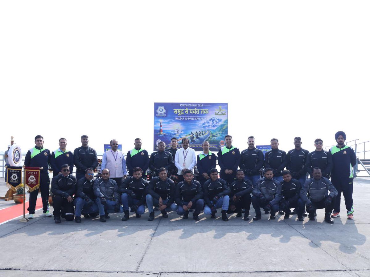IndiaCoastGuard's tweet photo. As a prelude to the 50th #ICGRaisingDay, @IndiaCoastGuard-#AssamRifles Joint Bike Rally was flagged off on 27 Jan 26. Titled “Samudra se Parvat Tak,” the rally will cover 2,000 km from #Haldia, #WestBengal, to #PangsauPass, #ArunachalPradesh in 15 days. With 20 riders, the expedition promotes national integration, inter force camaraderie, community outreach and the spirit of “One Nation, One Team,” while strengthening bonds between forces and citizens.
#JointBikeRally #NationFirst #OneNationOneTeam #SamudraSeParvatTak
@official_dgar