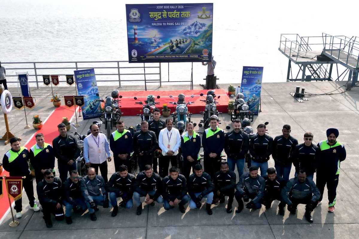 IndiaCoastGuard's tweet photo. As a prelude to the 50th #ICGRaisingDay, @IndiaCoastGuard-#AssamRifles Joint Bike Rally was flagged off on 27 Jan 26. Titled “Samudra se Parvat Tak,” the rally will cover 2,000 km from #Haldia, #WestBengal, to #PangsauPass, #ArunachalPradesh in 15 days. With 20 riders, the expedition promotes national integration, inter force camaraderie, community outreach and the spirit of “One Nation, One Team,” while strengthening bonds between forces and citizens.
#JointBikeRally #NationFirst #OneNationOneTeam #SamudraSeParvatTak
@official_dgar