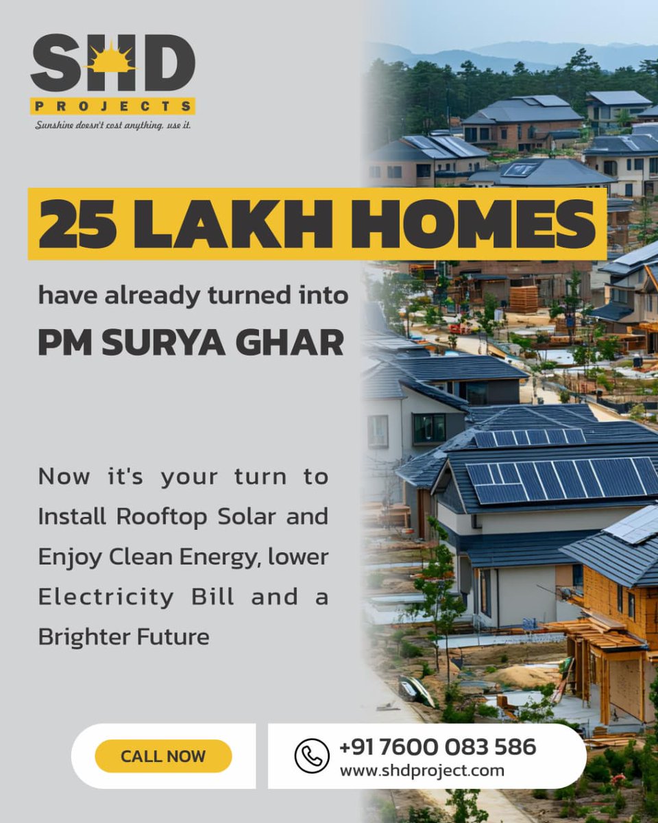 🏡 25 Lakh Homes have already switched to PM Surya Ghar Yojana
Now it’s your turn to install Rooftop Solar ☀️

✅ Clean Energy
✅ Lower Electricity Bills
✅ Brighter Future

📞 Call Now: +91 76000 83586
🌐 Website: shdproject.com

#PMSuryaGhar #RooftopSolar #SolarEnergy