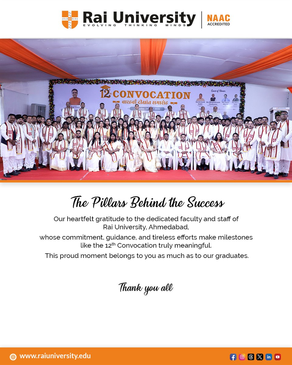 Rai_Univ's tweet photo. Rai University proudly celebrated its 12th Convocation on 24 Jan 2026, honoring our graduates. We were privileged to host Chief Guest Dr. Pradyuman Vaja, Hon’ble Cabinet Minister, Govt. of Gujarat.
Congrats 2025Class
#RaiUniversityAhmedabad #12thConvocation https://t.co/hNNq0Z7n92