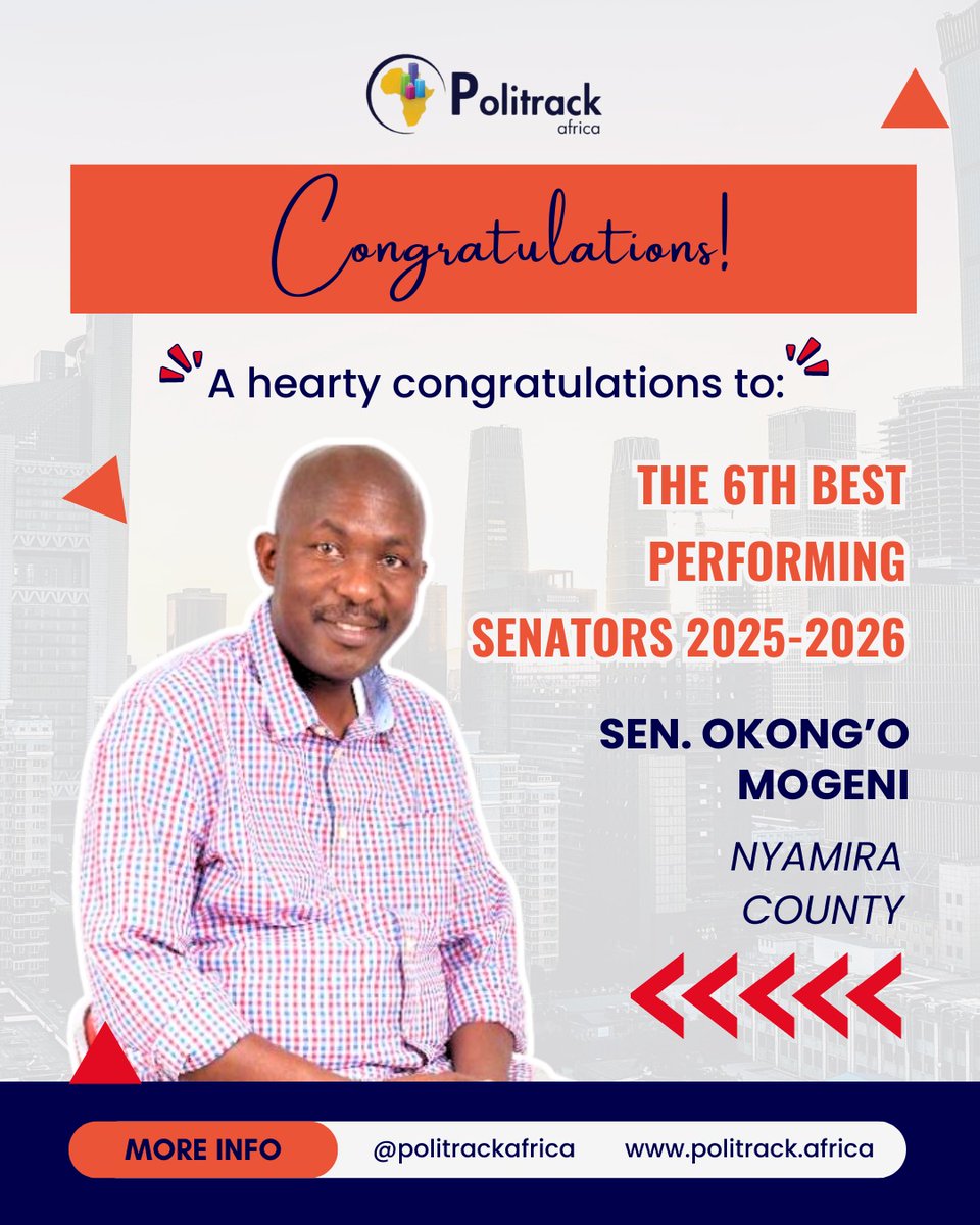 polytrackk's tweet photo. 6️⃣ IN THE TOP 10! 
Congrats to Sen. Okong’o Mogeni, the 6th Best Performing Senator!
Nyamira, are you celebrating this win? 🎉
#6thPlace #NyamiraCounty @PolitrackAfrica https://t.co/8jFSpjT6N7
