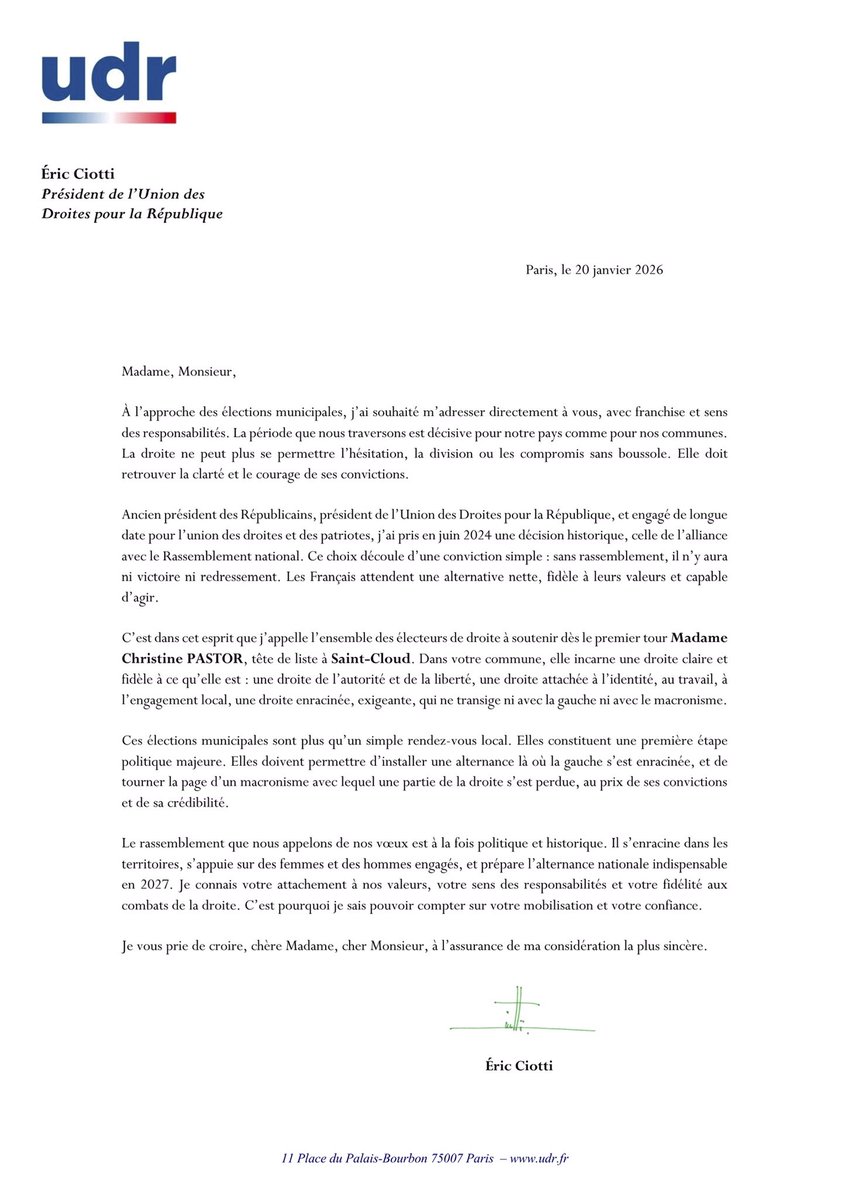 MERCI infiniment <a href="/eciotti/">Eric Ciotti</a> et <a href="/partiudr/">UDR</a> pour votre confiance !

Je mène aujourd’hui la seule liste de droite à <a href="/VilleSaintCloud/">Ville de Saint-Cloud</a> face à la liste Macron-compatible du maire sortant.

 #PréservonsSaintCloud !
#Municipales2026
#RN #UDR