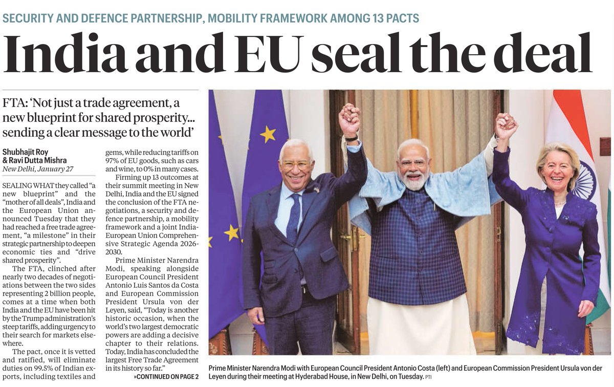 The phrase 'mother of all deals' truly captures the historic scale of the India-EU Deal. #SharedProsperity #IndiaEUFTA <a href="/narendramodi/">Narendra Modi</a> <a href="/PMOIndia/">PMO India</a> <a href="/DoC_GoI/">Dept of Commerce, GoI</a> <a href="/IndianExpress/">The Indian Express</a> <a href="/UnivofDelhi/">University of Delhi</a> <a href="/AICTE_INDIA/">AICTE</a>