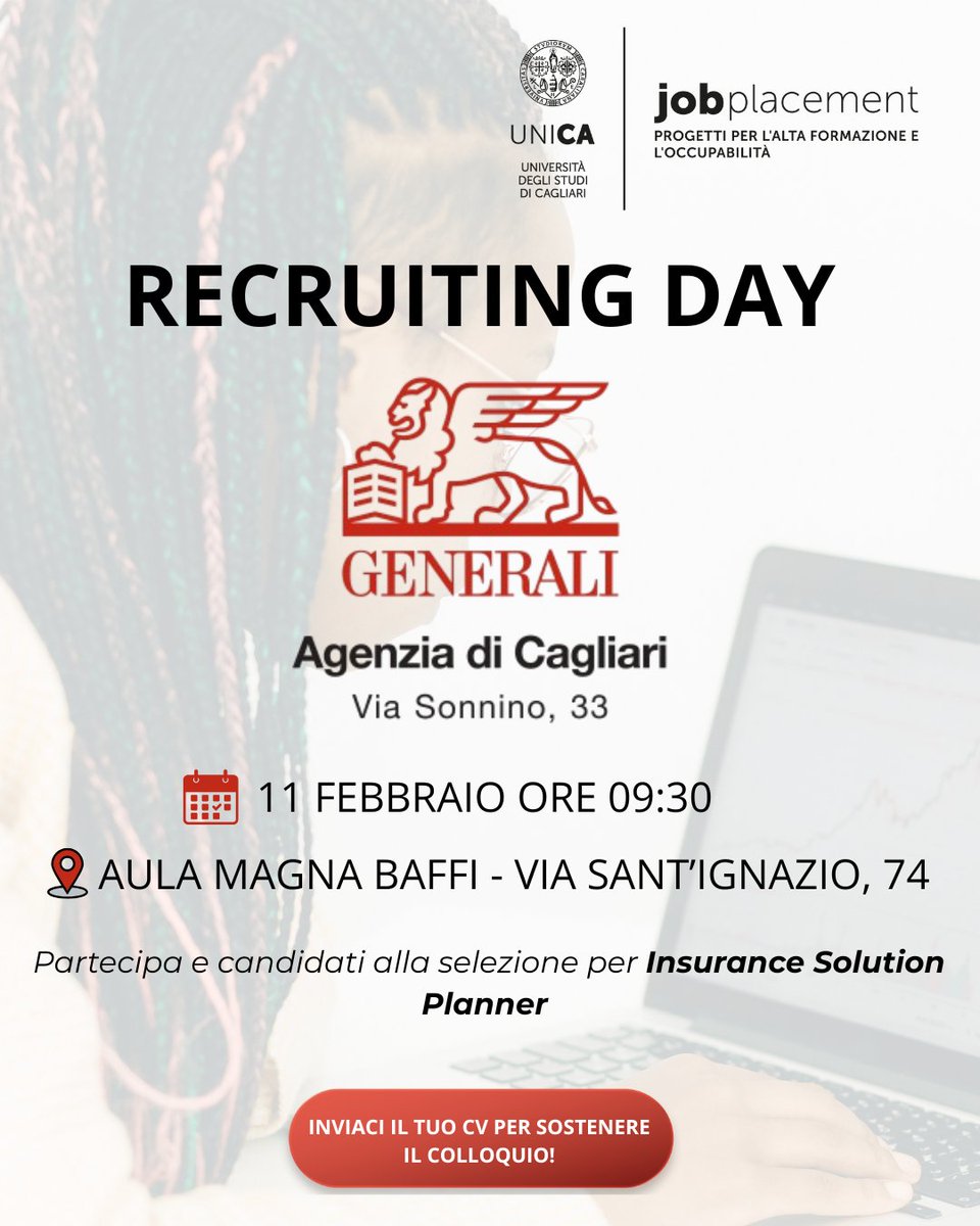 🧭 Vuoi diventare Insurance Solution Planner con Generali?
Partecipa al Recruiting Day!
📅 11/02 • ⏰ 09:30–13:00
📍 Aula Magna Baffi – Via Sant’Ignazio 74
🎓 Per laureati/e under 28.
📩 Iscrizioni: forms.office.com/e/Z9PMrJtyL5
Invia il CV entro l’08/02.
✨ Ti aspettiamo!