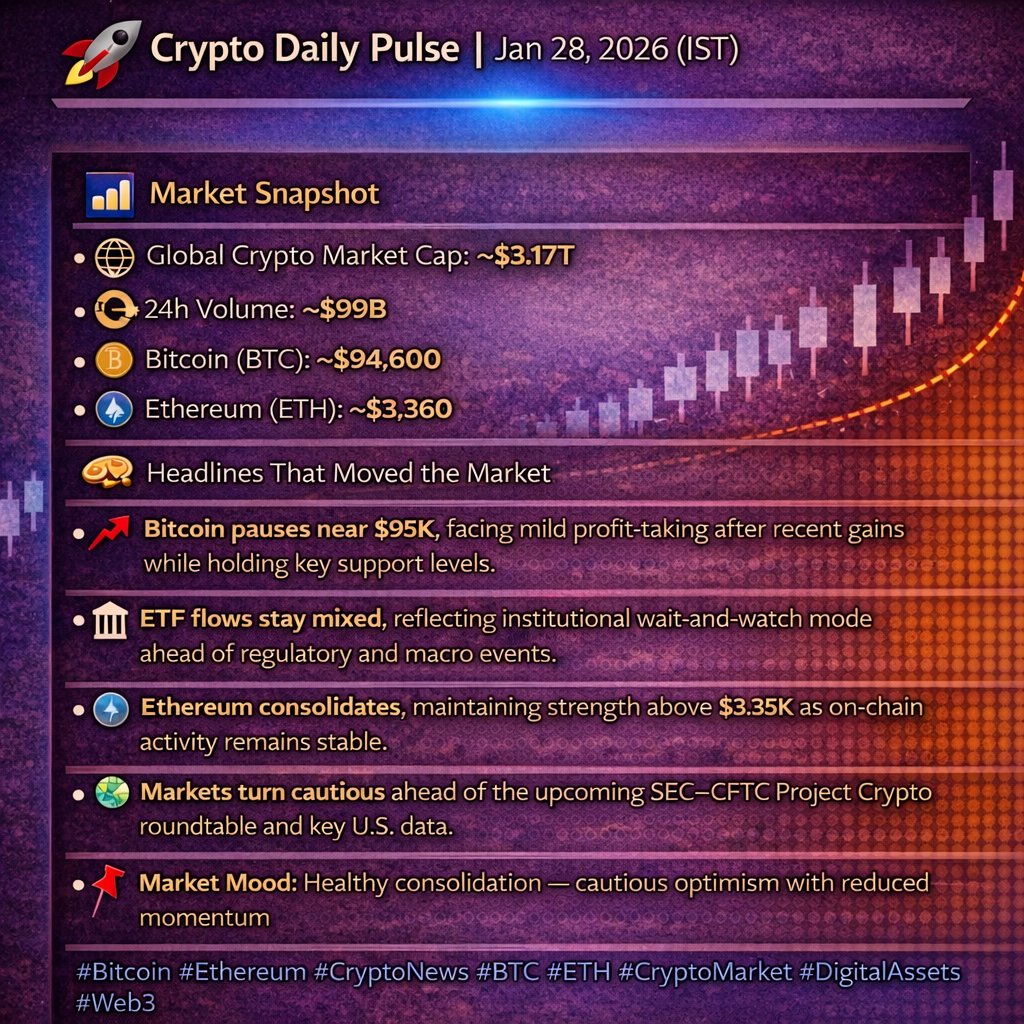 🚀 Crypto Daily Pulse | Jan 28, 2026 (IST) 📊 Market Snapshot 🌐 Global  Crypto Market Cap: ~$3.17T 💱 24h Volume: ~$99B ₿ Bitcoin (BTC): ~$94,600  ⚙️ Ethereum (ETH): ~$3,360 🗞 Headlines