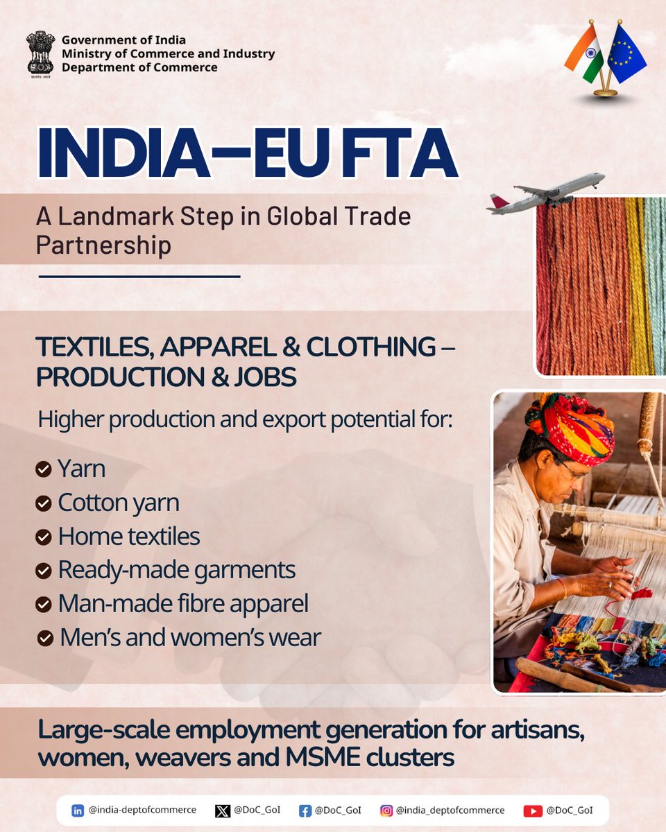 NID_India's tweet photo. #IndiaEUTradeDeal

The India–EU FTA gives a decisive boost to strategic sectors such as engineering goods, automobiles, handicrafts and manufacturing, reflecting PM @NarendraModi ji’s focus on export-led growth, industrial expansion and deeper integration into global value chains.

@NID_India,@DPIITGoI 
@PiyushGoyal,@JitinPrasada
@vonderleyen,@eucopresident,@MarosSefcovic

#NID #NationalInstituteofDesign