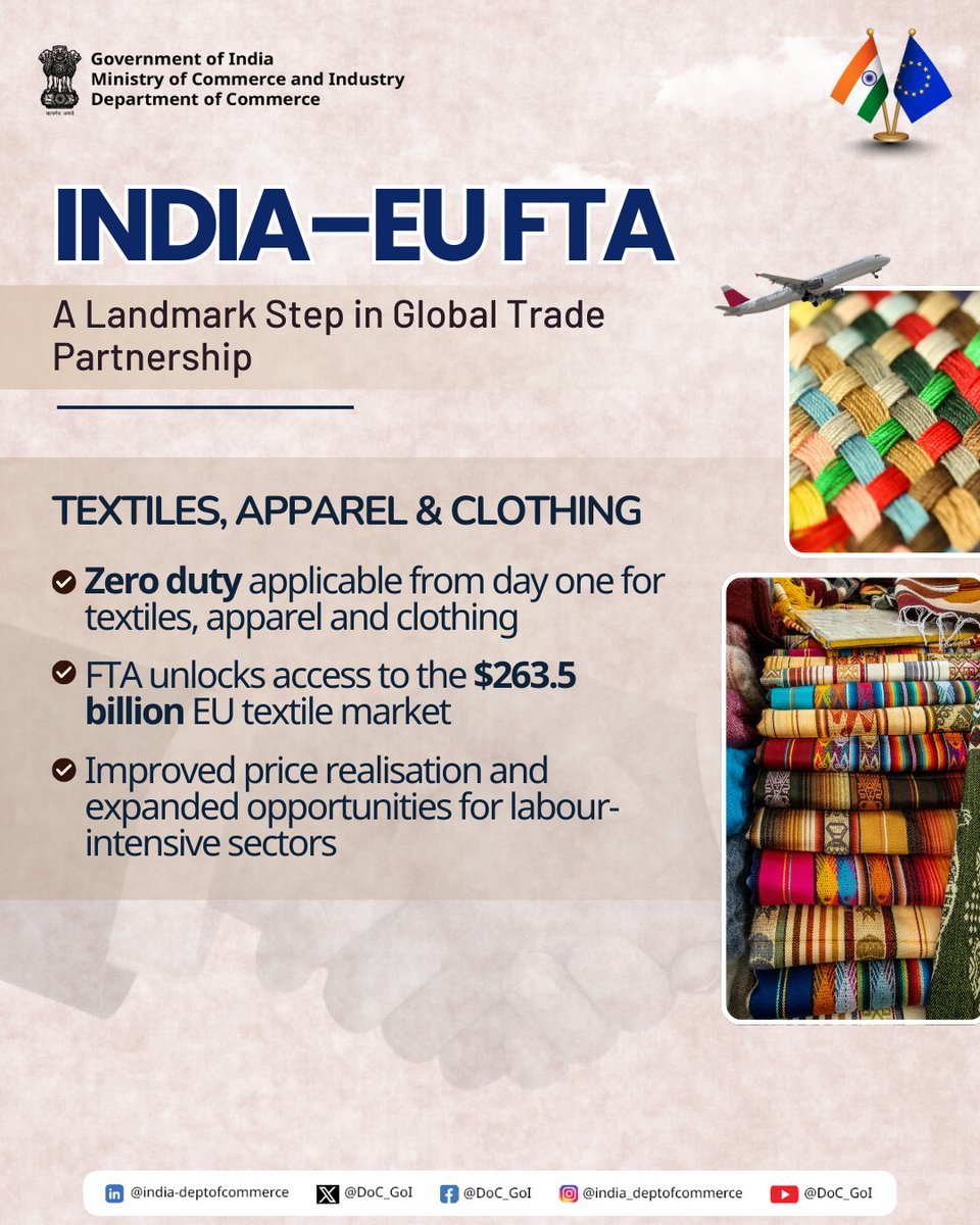 NID_India's tweet photo. #IndiaEUTradeDeal

The India–EU FTA gives a decisive boost to strategic sectors such as engineering goods, automobiles, handicrafts and manufacturing, reflecting PM @NarendraModi ji’s focus on export-led growth, industrial expansion and deeper integration into global value chains.

@NID_India,@DPIITGoI 
@PiyushGoyal,@JitinPrasada
@vonderleyen,@eucopresident,@MarosSefcovic

#NID #NationalInstituteofDesign