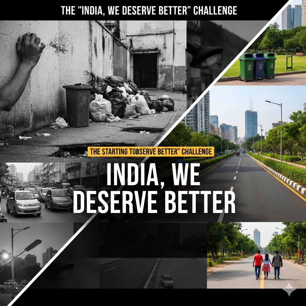 ZoherAli43's tweet photo. I’m starting a 100-Day Challenge to highlight the real issues holding India back—from civic apathy to infrastructure gaps—and offering actionable solutions for each.

It’s time to move from "Chalta Hai" to "Change is Here."

#IndiaWeDeserveBetter #100DaysOfChange #CivicAction https://t.co/SNMhCC06z8