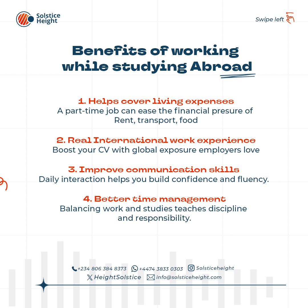 HeightSolstice's tweet image. Study abroad.
Work part-time.
Build global experience. 

Yes—you can do all three.
Swipe &amp;amp; see the benefits.

#StudyAbroadDreams #InternationalStudents #SolsticeHeightGlobal
#StudyAbroadSupport #TrustedGuidance