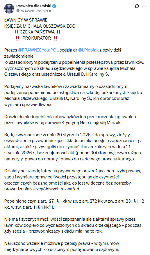 Zawiadomienie złożone przez sędziego Piebiaka to modelowy przykład budowania 'sarkofagu bezprawia' poprzez zastraszanie. Atakowanie ławników z imienia i nazwiska tylko dlatego, że podjęli się orzekania w trudnej sprawie, to próba paraliżu wymiaru sprawiedliwości. To nie jest