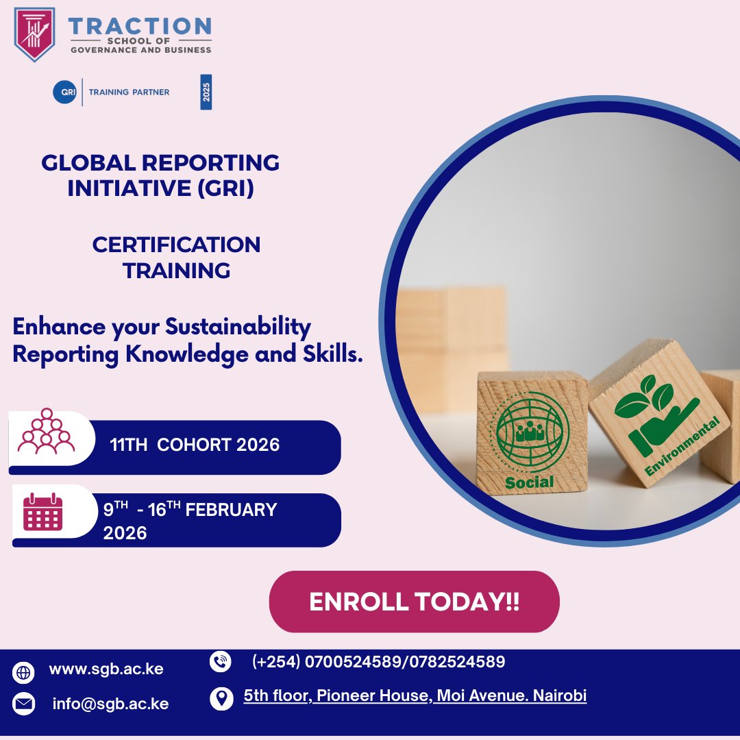 As sustainability and ESG continue to shape the future of business, GRI certification is becoming a must-have — and we’ve secured something special just for you.
📅 Dates: 9th – 16th February 2026
👉 Register now: sgb.ac.ke/gri-training/
📞 0700524589 / 0782524589
#GRI