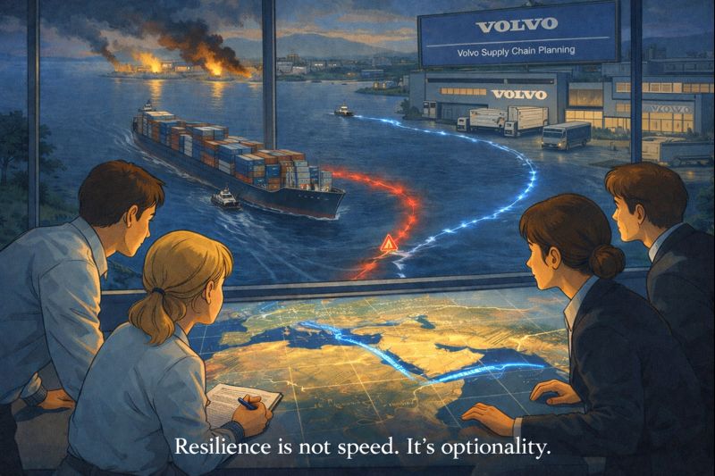SCNuggets's tweet photo. One missing gearbox shipment shut down 5,000 cars per week.

That's the cost of lean manufacturing in 2024.
And Volvo learned it the hard way in Belgium.

January 2024. Houthi attacks closed the Red Sea.

Ships rerouted around Africa.
Added 14 days to every voyage.
Volvo's gearboxes got stuck at sea.

On January 15, the Ghent plant went silent.
7,000 workers sent home.
3 days. No production.
4,000 cars never built.

The math? $150 million potentially in lost revenue.

All because one part didn't arrive on time.

Here's what nobody tells you about just-in-time manufacturing.

It's brilliant when routes are stable.
It saves millions in inventory costs.
It keeps cash flowing.

But it is built on a dangerous assumption:
That parts always move smoothly.

They don't anymore.

Political conflict now sits inside supply chain planning.
Wars disrupt shipping lanes.
Trade disputes block borders.
Regional tensions add weeks to lead times.

The Red Sea normally carries 12% of global trade.
When it closed, 70% of Europe's auto parts got delayed.

Volvo wasn't alone. But they were exposed.

Premium vehicles need certified gearboxes.
You can't swap suppliers overnight.
Testing takes months. Approvals take longer.

So when that single shipment got delayed, the entire line stopped.

No gearbox. No car. No revenue.

Here's the part most automakers still ignore.

Just-in-time fails when routes cross political chokepoints.

=>The Suez Canal. 
=>The Taiwan Strait. 
=>The South China Sea.

These aren't just shipping lanes anymore.
They're geopolitical risk zones that can shut down at any moment.

Volvo recovered in 3 days because they had buffers and recovery plans.
Tesla's Berlin plant? Shut for 14 days during a different crisis.

The lesson?
Lean works until it doesn't.

For parts crossing conflict zones, holding extra stock isn't wasteful.
It's insurance against the next disruption you can't predict.

The other lesson most supply chains miss?
You're only seeing Tier 1 suppliers.

The gearbox maker might be fine.
But what about the gear supplier behind them?
Or the steel mill behind that?

Most disruptions start at Tier 3 or 4.
By the time you see the problem, it's already shut down your line.

Volvo's response shows what works:
→ Buffer parts that cross chokepoints
→ Map suppliers beyond Tier 1
→ Plan lead times assuming delays, not perfection

Nearshoring helps too.
Shorter routes mean less exposure.
Morocco and Turkey are closer than Shanghai.

Where's your supply chain one geopolitical event away from shutdown?

-----
Check out the full story here:

https://t.co/N9lKeLcQfR

Want more supply chain stories?

Check out our website:

https://t.co/SKROxWldLY

Subscribe here:

https://t.co/6HxkLXrVDl