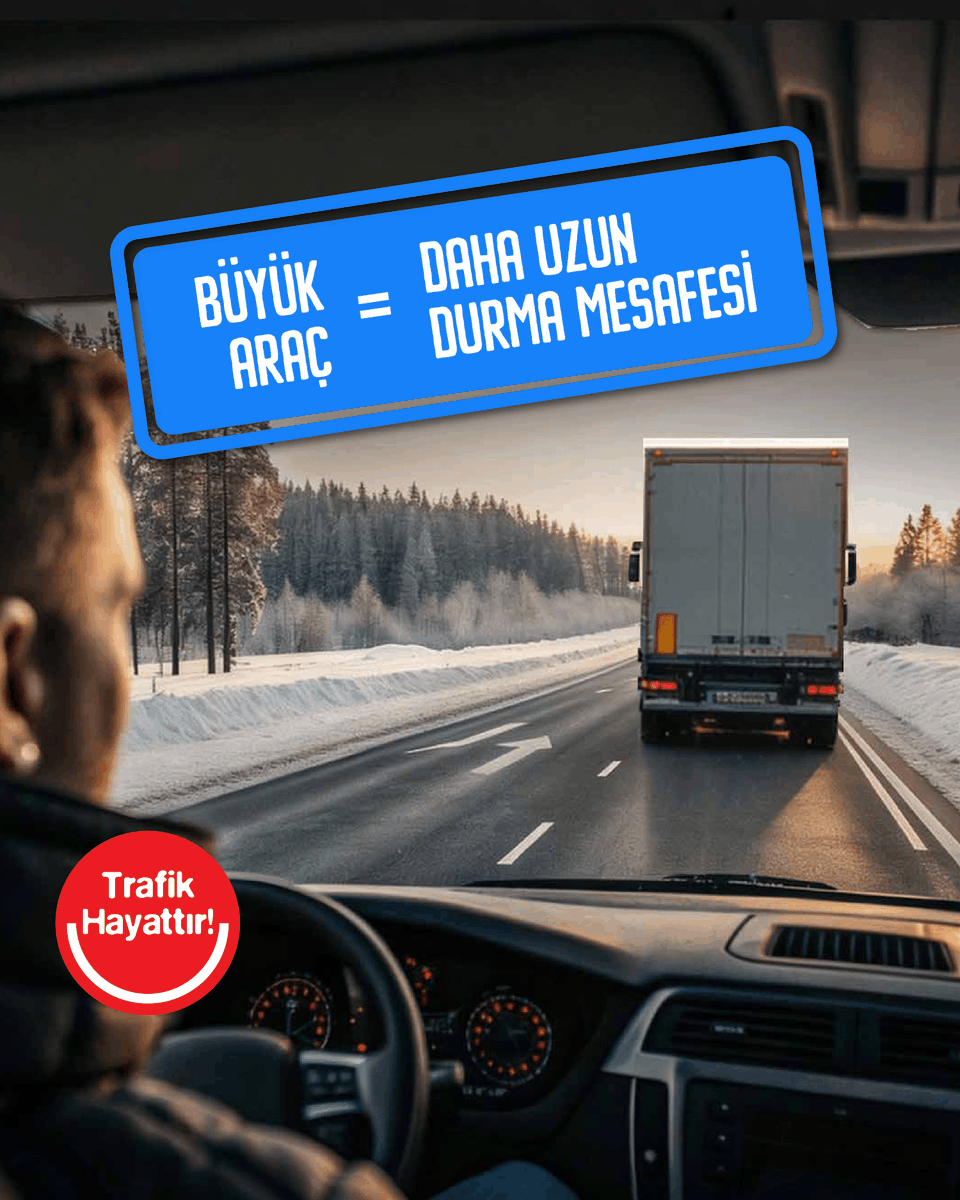 TrafikHayattir's tweet photo. Tır ve kamyon gibi araçların durma mesafesi diğer araçlara göre daha uzun olur. Bu şartlarda aranızda ki takip mesafesi en az 4 saniye olmalıdır.

Hem kendi hem de diğer sürücülerin güvenliğini koruma sırası şimdi sende.

#TrafikHayattır #HayatTrafikte https://t.co/o2O5KspMf6