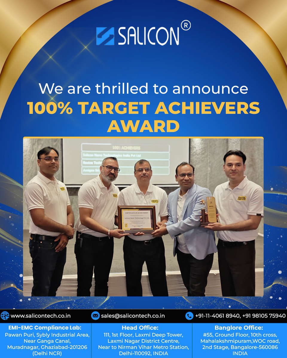 salicontech's tweet photo. 🏆 We are proud to share a moment of excellence and achievement!

Salicon Nano Technology Pvt. Ltd. has been honored with the 100% Target Achievers Award, reflecting our team’s dedication, commitment, and passion for delivering outstanding results. 

#Salicon #TargetAchievers https://t.co/nwKccXgLEm