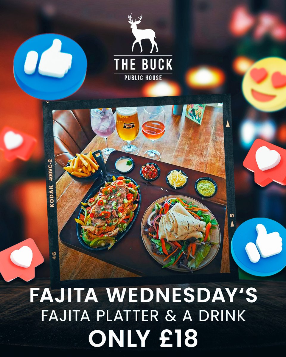 🌮 FAJITA WEDNESDAY 🌶️

Sizzling Fajita Platter &amp; Drink £18! 

Midweek fiesta sorted 🎉

Limited tables available!

BOOK NOW