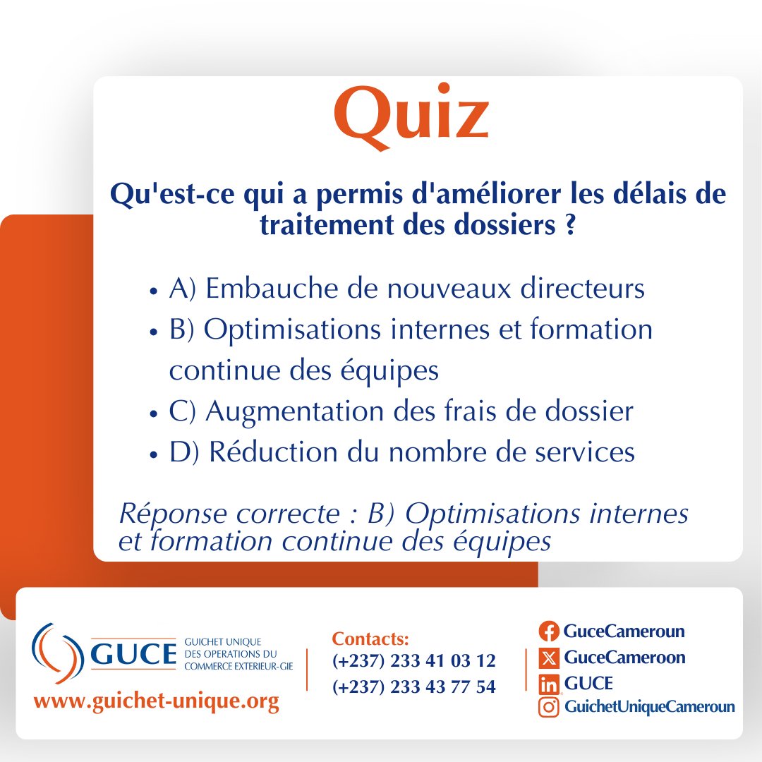 📌 #QuizGUCE

Chers utilisateurs du GUCE, 
Suite à vos retours de l'enquête de satisfaction de février 2025, on a mis en place des actions correctives et partagé des vidéos explicatives. 
👉 Testez vos connaissances avec notre quiz ! 
À vous de jouer ! 

#GUCE