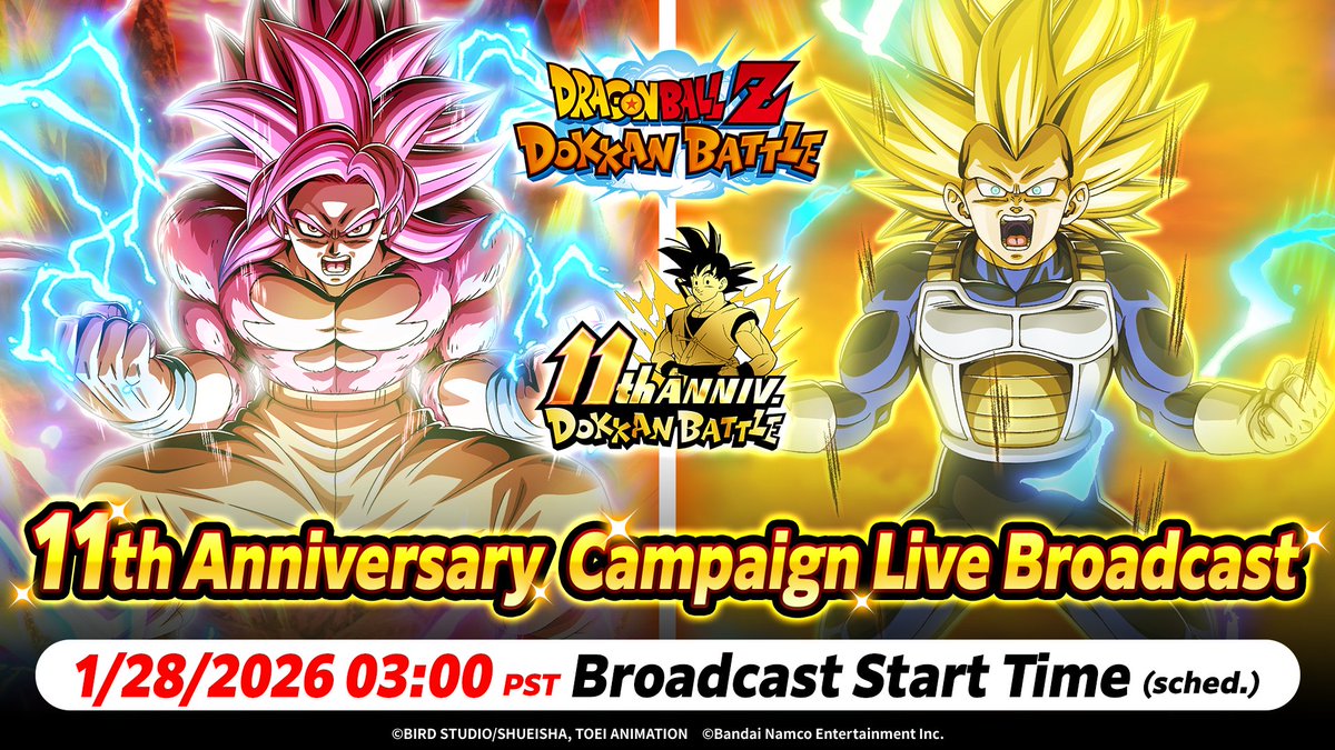 dokkan_global's tweet photo. ／
"11th Anniversary Campaign Live Broadcast"
 📢 is Live!
＼
 
New characters details,
a Dragon Stone Challenge,
and tons of exciting content await!

Watch now!

📺https://t.co/AoeU5RQXkO

#Dokkan11th #dokkanbattle #dragonball https://t.co/VIE8dMQS3y