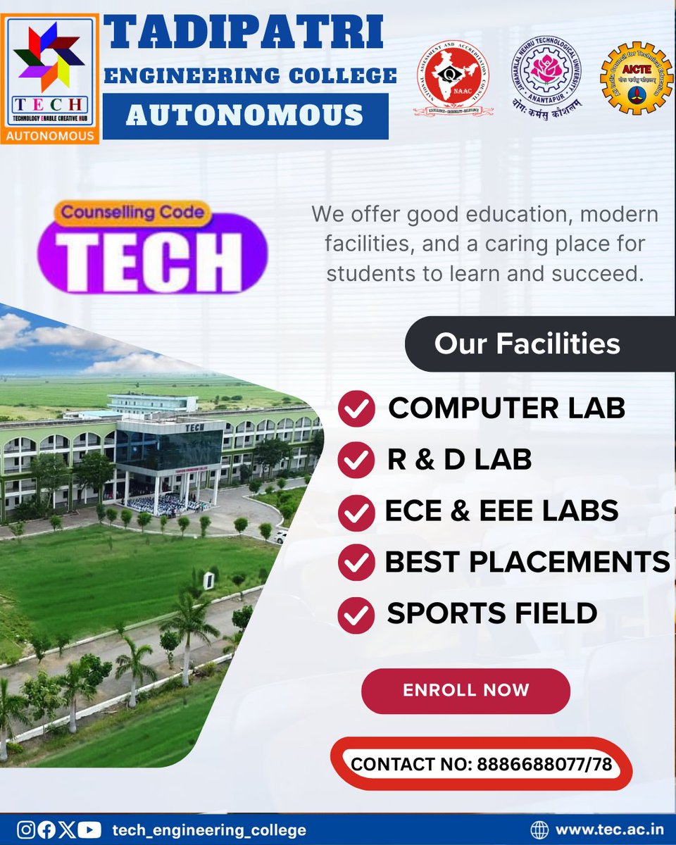 tadipatri_tech's tweet photo. Tadipatri Engineering College is dedicated to providing quality technical education with a strong focus on academic excellence, innovation, and professional development. The institution nurtures young minds with modern infrastructure, experienced faculty, https://t.co/gYIZoQMDfN