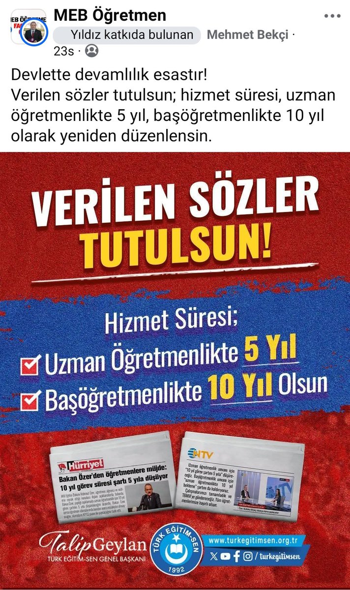 nac_servet52079's tweet photo. @yilmazsen35 Uzman öğretmenlik: 5 yıla düşürülmelidir. Başöğretmenlik: 10 yıla düşürülmelidir.Verilen sözler tutulmalıdır-
#ÖMK
@SelcukYurekturk
@mhukukmevzuat
@spehlivanoglu
@AbbasGucluTR
@oktay_saral https://t.co/TewbPi5gjs