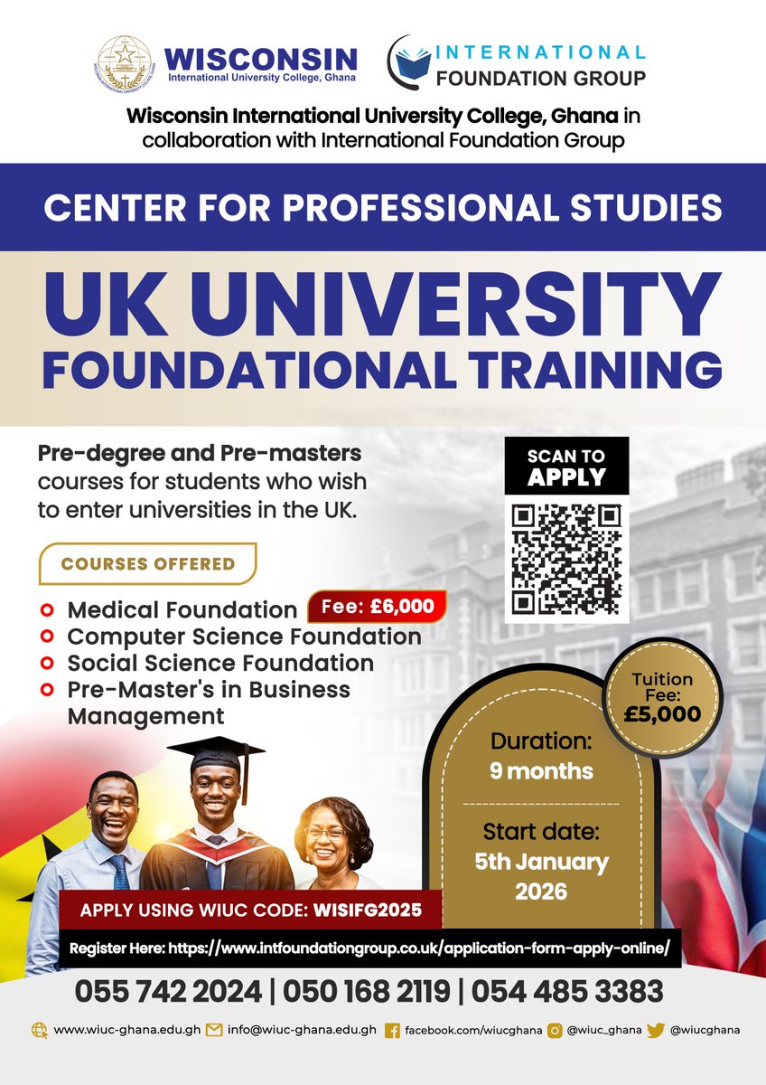 WIUC-Ghana, in collaboration with the International Foundation Group, is offering UK University Foundational Training for students seeking pre-degree and pre-master’s pathways into top UK universities.

Apply using the WIUC code: WISIFG2025
intfoundationgroup.co.uk/application-fo…