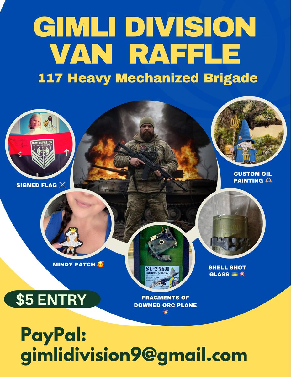 GIMLI DIVISION REQUEST

FPV drones are hitting russian armor &amp; infantry daily.
Now the unit needs a van to keep operations moving.

🎟 $5 entry | 🎯 $5,000 goal

🏆 Win:

• signed Gimli Division flag
• Mindy patch from <a href="/MindyNL79/">Мінді 🇺🇦🇺🇦</a>
• 40mm HEDP shell shot glass (combat-fired)