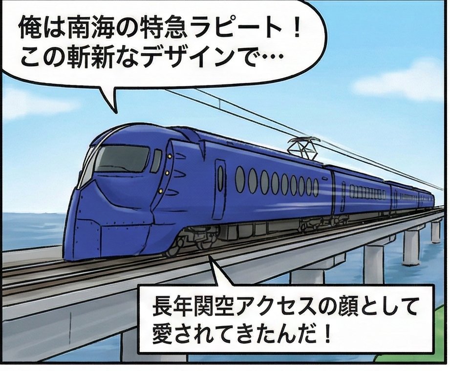 usj1's tweet image. 速報）南海電鉄の特急ラピート 引退決定

形状が2031年にJR西日本と開業を計画する「なにわ筋線」の一部区間を走行できないこともあり、刷新を決めました。
地下鉄は前面に貫通扉がなければ運行出来ないからとの事です。 置き換え

■4コマ漫画にしました。
ラピート、今までありがとうございました