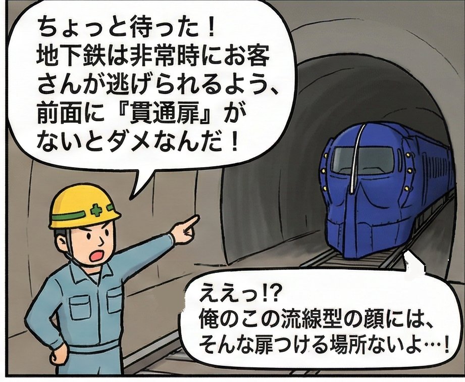 usj1's tweet image. 速報）南海電鉄の特急ラピート 引退決定

形状が2031年にJR西日本と開業を計画する「なにわ筋線」の一部区間を走行できないこともあり、刷新を決めました。
地下鉄は前面に貫通扉がなければ運行出来ないからとの事です。 置き換え

■4コマ漫画にしました。
ラピート、今までありがとうございました