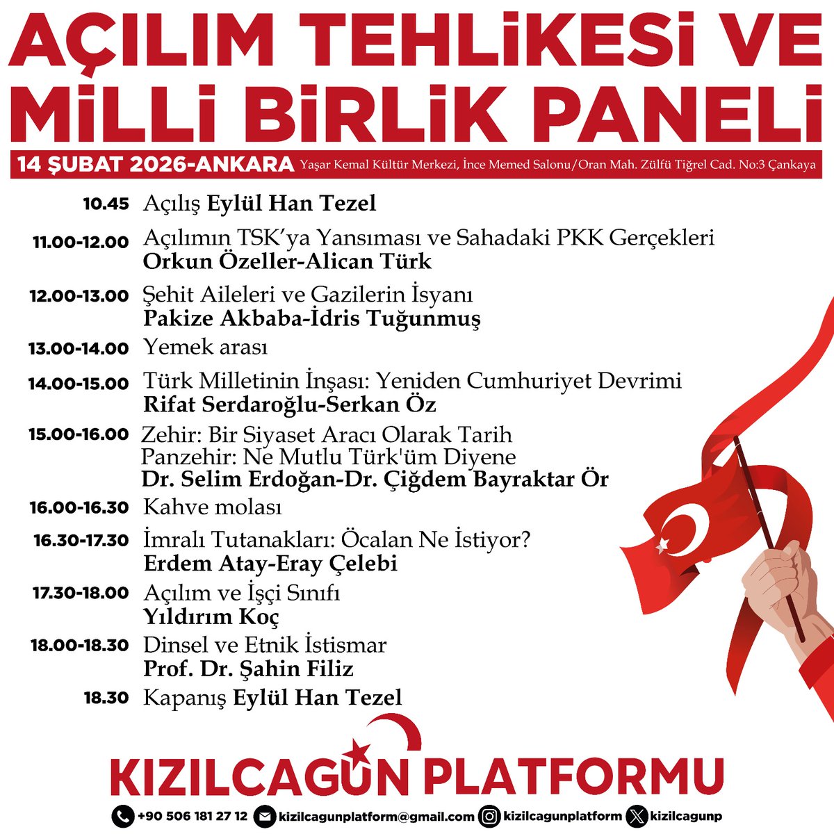 kizilcagunp's tweet image. Kızılcagün Platformu olarak, bölücü açılım sürecini anlattığımız paneller serisine başlıyoruz. 
İlk etkinliğimiz 14 Şubat'ta Ankara'da!

"Açılım Tehlikesi ve Milli Birlik" panelimize Türk milletini davet ediyoruz.

#Kızılcagün #Kızılcagünplatformu 

@EylulHanTezel @proffiliz…