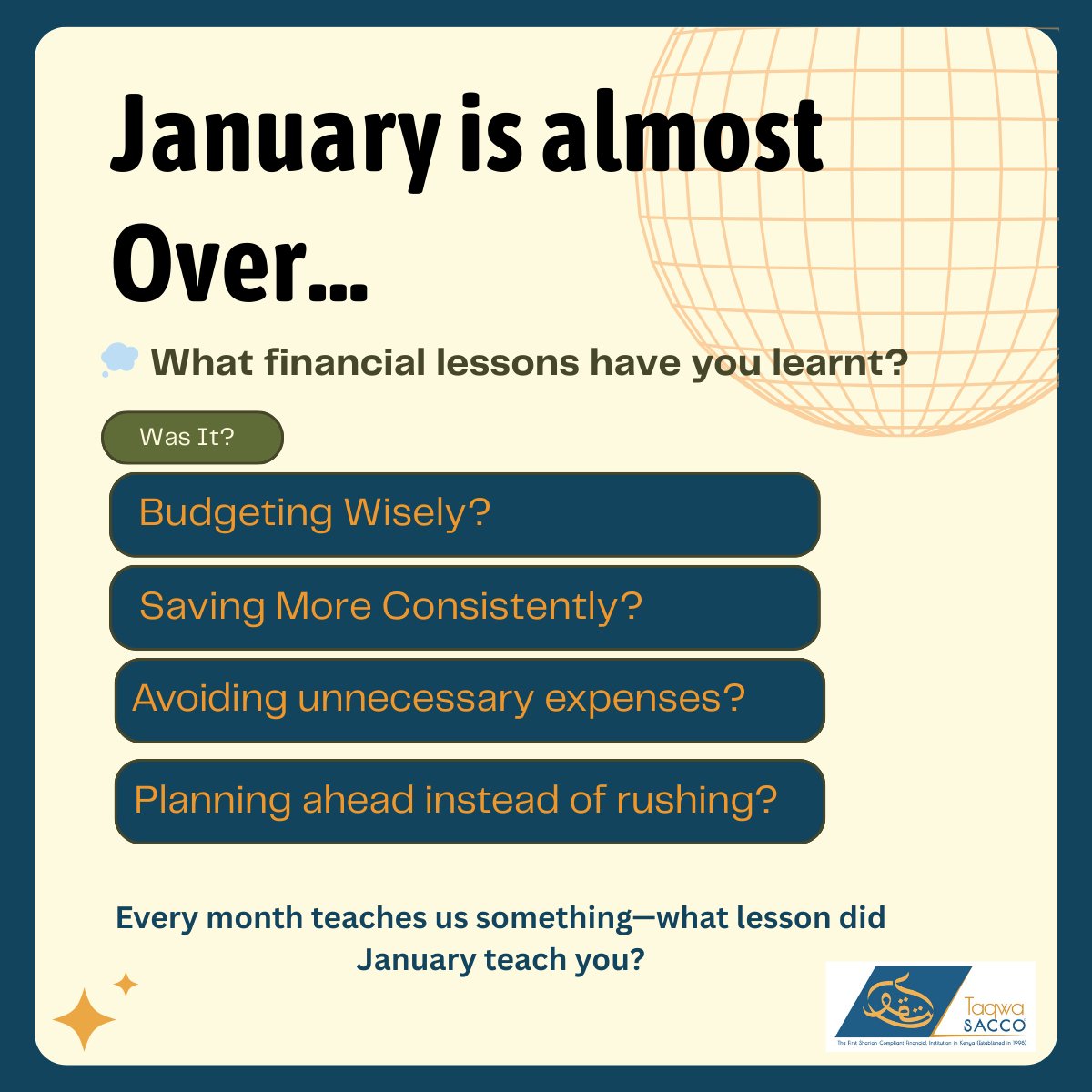 taqwasacco's tweet photo. January tested our wallets 💸—what did it teach yours?
Smarter budgeting? Better saving? Less rushing?
💬 Tell us your January money lesson.
🌿 Save with purpose. Grow with Taqwa.
#TaqwaSACCO
#FinancialLessons
#SmartSaving
#SaveWithPurpose https://t.co/ItOleg96IL