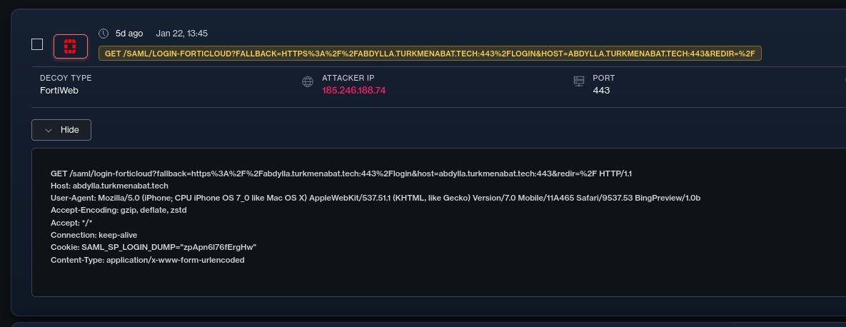 DefusedCyber's tweet photo. 🚨 Yesterday, CISA added CVE-2026-24858 into their KEV list - an authentication bypass vulnerability in various Fortinet products, which enabled attackers with a FortiCloud account and a registered device to log into other devices registered to other accounts.

Per Fortinet PSIRT: 

> This vulnerability was found being exploited in the wild by two malicious FortiCloud accounts, which were locked out on 2026-01-22.

Around this timeframe we observed actor(s) abusing Forticloud pathways, attempting to inject SP-initiated SAML state into a FortiCloud SSO login path using the hostname "abdylla.turkmenabat.]tech".

A notable data point in the payload is the SAML_SP_LOGIN_DUMP cookie, which Fortinet uses to persist and validate Service Provider-initiated SAML login state, ensuring that only authentication responses corresponding to a locally initiated session are accepted. This is a fairly strong indication of an attempt to replay or inject SAML authentication state via an "alternate authentication path", as CVE-2026-24858 is described to be abusable via, but this analysis should currently be treated as unverified. 

185.246.188.74 belongs to a TOR exit node.