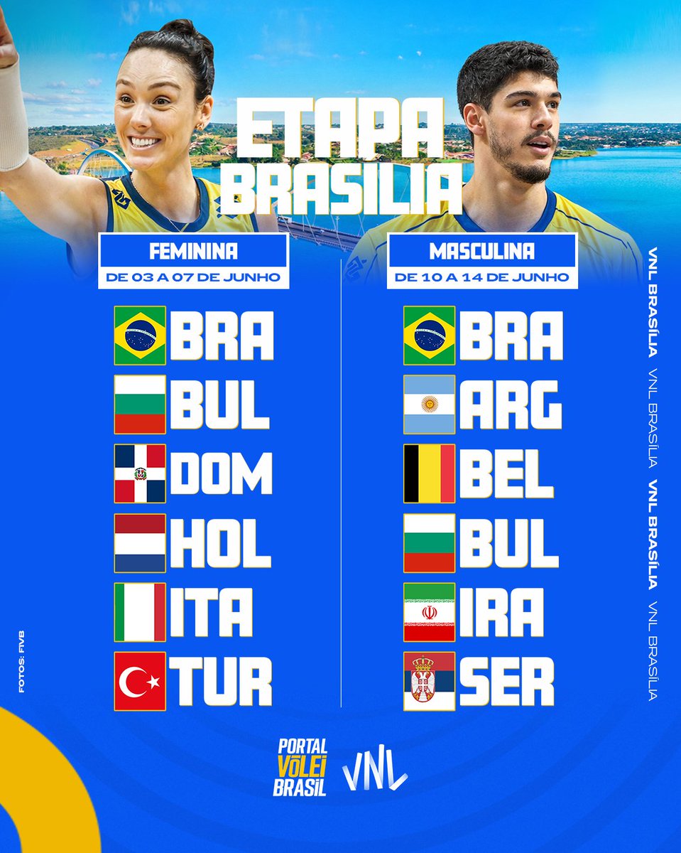 portal_volei's tweet image. Em junho, a cidade de Brasília receberá duas semanas de jogos da VNL 2026, sendo uma no naipe feminino e outra no masculino. As federações locais já receberam todos os detalhes sobre o evento. Confira abaixo as datas e as equipes participantes que disputarão as etapas no Brasil…
