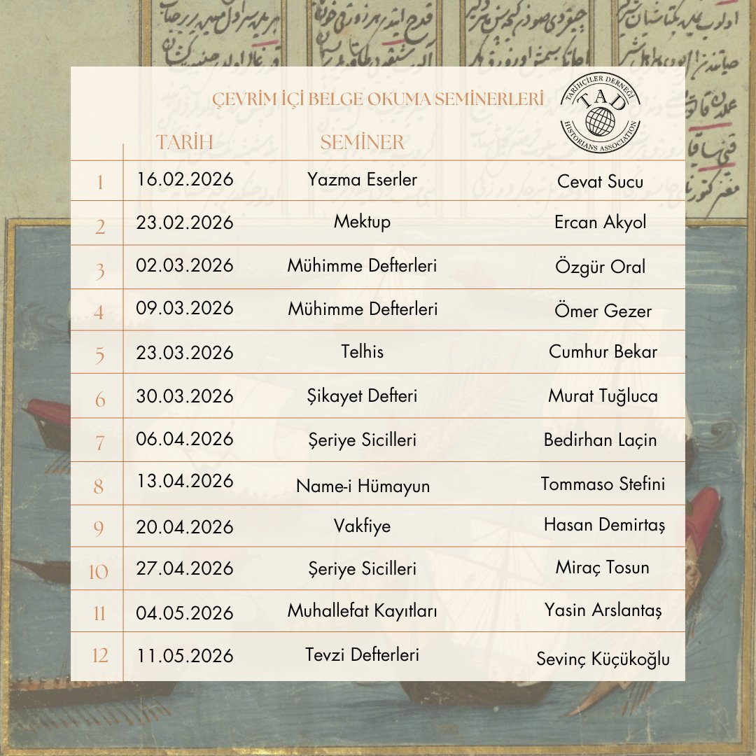 Her biri belgelerinde uzman akademisyenler tarafından verilen TAD Belge Okuma Seminerleri bahar dönemiyle geri dönüyor. Osmanlı Tarihi'nin muhtelif yazılı kaynaklarına aşinalık kazandırmayı amaçlayan bu seminer serimize kayıt için:  

✉️tadtarihcilerdernegi@gmail.com