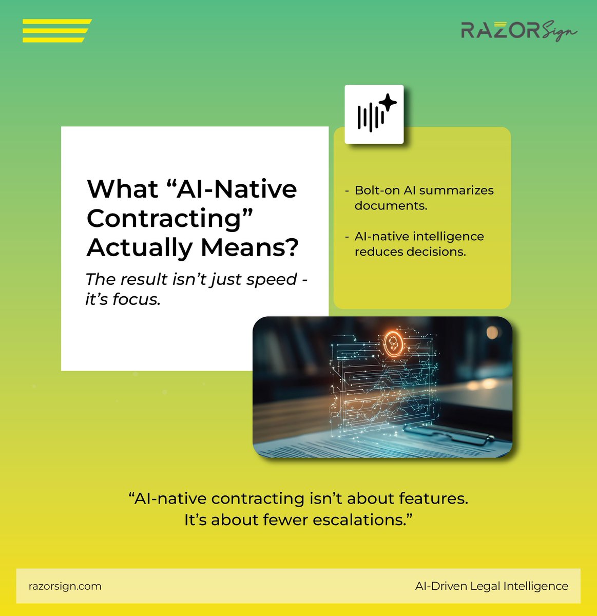 razorsignclm's tweet photo. AI-native contracting isn’t about better summaries.
It’s about fewer decisions.

If AI is creating more review work, it isn’t native yet.

Is your AI reducing decisions or just generating more text?

https://t.co/2eUAVnKz0u

#LegalOps #LegalTech #AIinLegal #CLM #RazorSign https://t.co/3Q2k2hM855