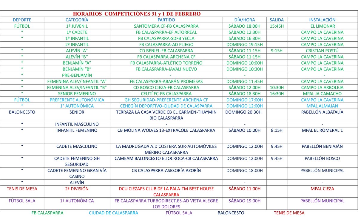 Horarios deportivos del fin de semana (31 y 1 de febrero) 🏀🥎⚽

#DeportesCalasparra