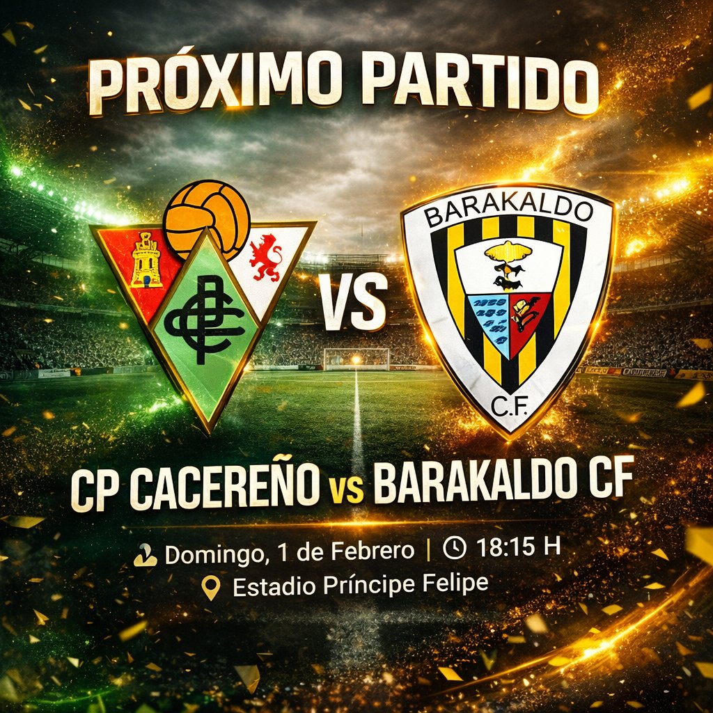 Próximo partido 🏟️
<a href="/CPCacerenoSAD/">CP Cacereño 🟢🐉</a> 🆚 <a href="/BarakaldoCF/">Barakaldo C.F.</a>
📅 Domingo | ⏰ 18:15 h
📍 Estadio Príncipe Felipe
💛🖤 #BarakaldoCF #PrimeraFederacion