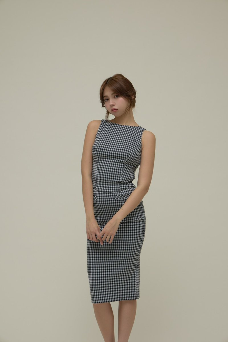 Ruru gingham set up long color ice blue/black ¥18,700-tax in