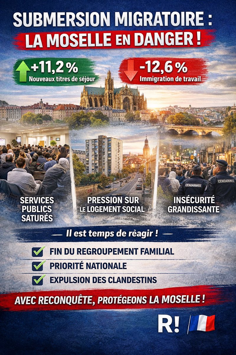 Yannickblumfr's tweet photo. Bilan Immigration 2025 : 384 230 titres délivrés (+11% !). 🚨
Pendant que la #Moselle trime, le gouv. bat des records de submersion. Moins de travail, plus de social : c’est une faillite budgétaire et identitaire. Reprenons le contrôle ! 🇨🇵
#Reconquête #Metz #Zemmour https://t.co/nSGoor8KMp