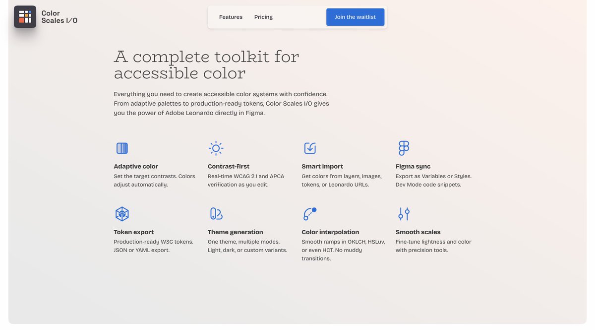 OnePageLove's tweet photo. New Website Inspiration:

One Pager taking waitlist requests for the Color Scales I/O @Figma plugin. 

Neat touch with the interactive shuffle button, within the preview UI, that applies the shuffled color scheme to the website hero 🎨

Credit: @teyepe

→ https://t.co/HKCtRnIH5i https://t.co/2ME3VdjBRE
