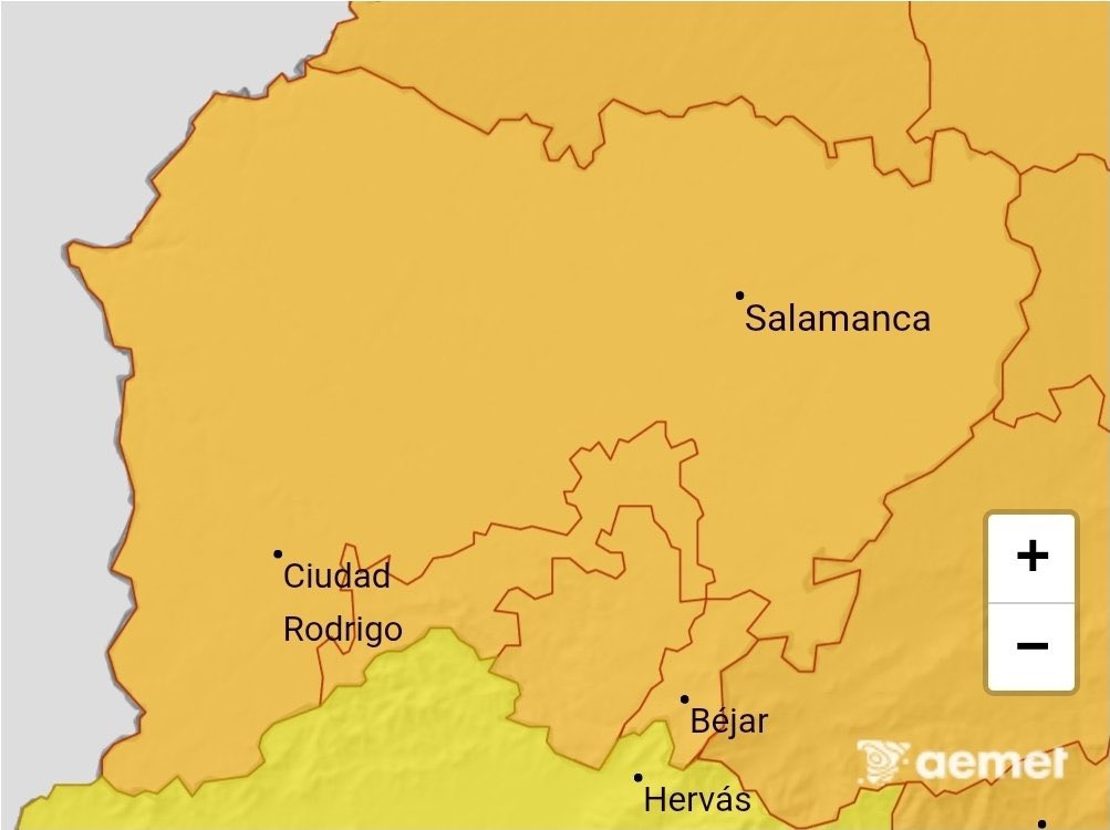 ⚠️ Extremad las precauciones. 

Sigue activados por <a href="/AEMET_Esp/">AEMET</a> <a href="/AEMET_CyL/">AEMET_CastillayLeon</a>:

🟠  Aviso naranja por peligro importante debido a Fenómenos Meteorológicos Adversos 🌬 Viento: Rachas máximas 100 km/h

🟡 Aviso amarillo por 🌨 Nevadas: Sistema Central, Meseta y Sur de Salamanca.