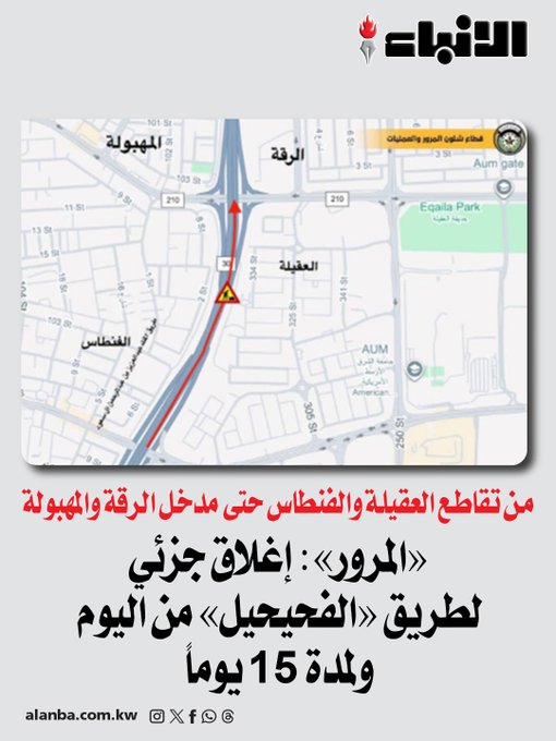 «المرور»: إغلاق جزئي لطريق «الفحيحيل» من اليوم ولمدة 15 يوماً - من تقاطع العقيلة والفنطاس حتى مدخل الرقة والمهبولة 