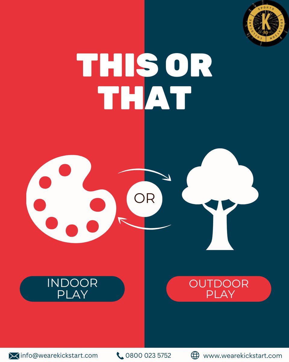 wearekickstart's tweet photo. ⚡ Tuesday This or That! ⚡
Indoor Play or Outdoor Play? 🎨🌳
Do you love getting creative inside with crafts and activities, or do you prefer heading outdoors for fresh air and adventure?

#ThisOrThatTuesday #KickstartFun #IndoorVsOutdoor #Kickstart https://t.co/yjdSwz8DnN