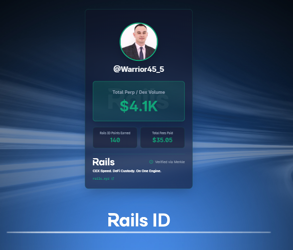 Warrior45_5's tweet photo. I just got my Rails ID. It pulls my DEX volume history into a single card and shows 140 Rails ID Points earned so far.

 Now it’s all about Rails Play: @rails_xyz ’s perps training ground.

Claim your Rails ID now: https://t.co/NqtcFnPEIq https://t.co/M1NzTs86RE