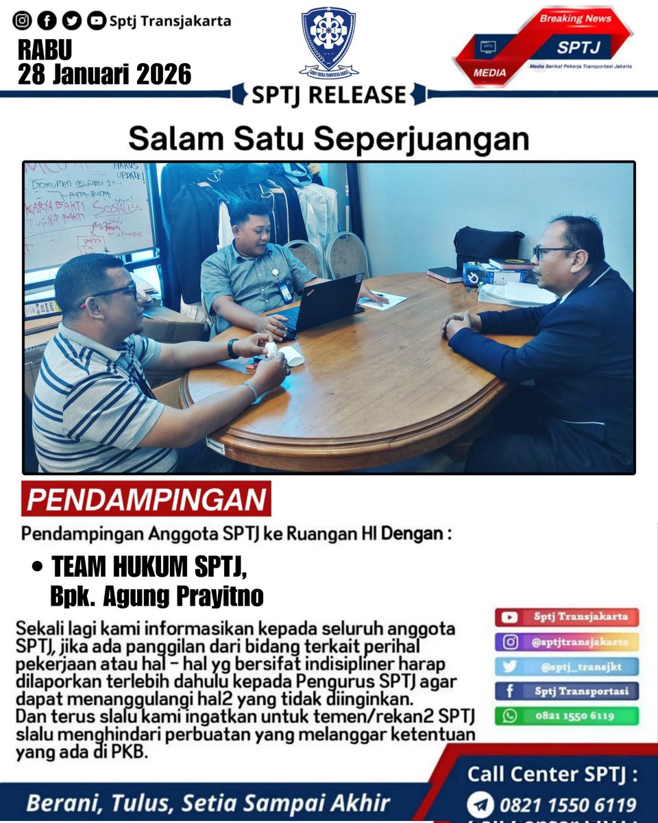 Sptj_transjkt's tweet photo. ** Pendampingan Anggota SPTJ ke Ruangan HI perihal Klarifikasi Displiner bersama : 

• Team Hukum SPTJ :
   Bpk. Agung Prayitno

Salam hormat 
#DPPSPTJ
#HubunganIndustrialSPTJ
#HumasSPTJ https://t.co/HcYJTBXNDQ