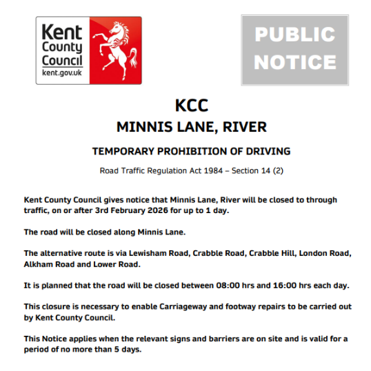 KentHighways's tweet image. River, Minnis Lane: Will be closed on 3rd February (08:00-16:00) to enable carriageway and footway repairs to be carried out by Kent County Council.: moorl.uk/?18jo6yt